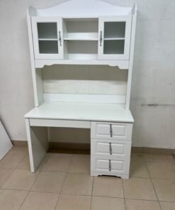 A complete white study desk featuring an overhead hutch, distinguished by its upper cabinets with glass doors and decorative handles. - Image 4