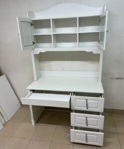 A complete white study desk featuring an overhead hutch, distinguished by its upper cabinets with glass doors and decorative handles. - Image 10