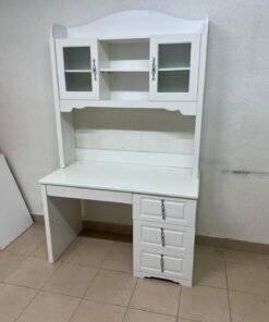 A complete white study desk featuring an overhead hutch, distinguished by its upper cabinets with glass doors and decorative handles. - Image 8