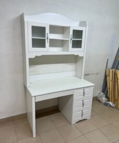A complete white study desk featuring an overhead hutch, distinguished by its upper cabinets with glass doors and decorative handles. - Image 7