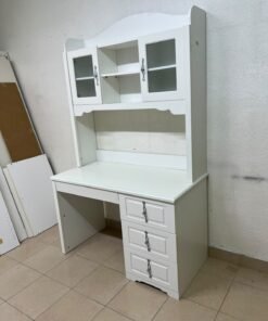 A complete white study desk featuring an overhead hutch, distinguished by its upper cabinets with glass doors and decorative handles. - Image 6