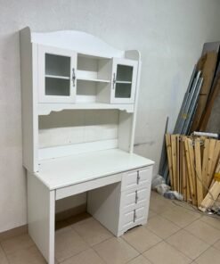 A complete white study desk featuring an overhead hutch, distinguished by its upper cabinets with glass doors and decorative handles. - Image 5