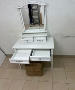 A white vanity table featuring a mirror and both upper and lower drawers, accompanied by a square brown stool upholstered in mesh fabric. - Image 3