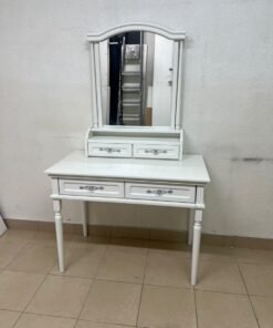 A white vanity table featuring a mirror and both upper and lower drawers, accompanied by a square brown stool upholstered in mesh fabric. - Image 5