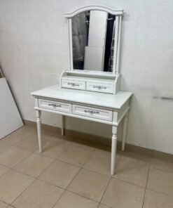 A white vanity table featuring a mirror and both upper and lower drawers, accompanied by a square brown stool upholstered in mesh fabric. - Image 7