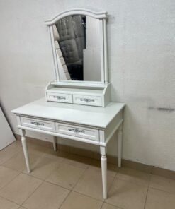 A white vanity table featuring a mirror and both upper and lower drawers, accompanied by a square brown stool upholstered in mesh fabric. - Image 8