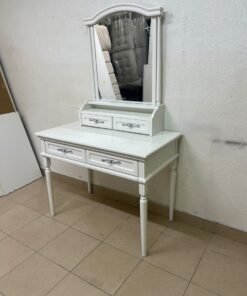 A white vanity table featuring a mirror and both upper and lower drawers, accompanied by a square brown stool upholstered in mesh fabric. - Image 9