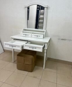 A white vanity table featuring a mirror and both upper and lower drawers, accompanied by a square brown stool upholstered in mesh fabric. - Image 10