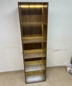 A vertical, 5-shelf wooden storage organizer featuring an open-back cube design and built-in LED lighting that adds a warm, modern touch to the upper shelves. - Image 2