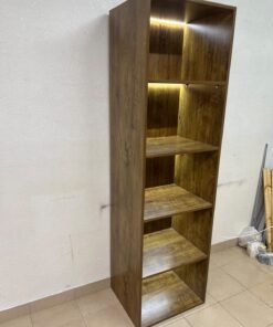 A vertical, 5-shelf wooden storage organizer featuring an open-back cube design and built-in LED lighting that adds a warm, modern touch to the upper shelves. - Image 3