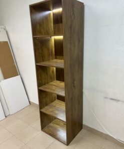 A vertical, 5-shelf wooden storage organizer featuring an open-back cube design and built-in LED lighting that adds a warm, modern touch to the upper shelves. - Image 4