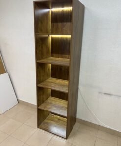 A vertical, 5-shelf wooden storage organizer featuring an open-back cube design and built-in LED lighting that adds a warm, modern touch to the upper shelves. - Image 5