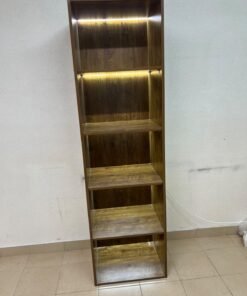 A vertical, 5-shelf wooden storage organizer featuring an open-back cube design and built-in LED lighting that adds a warm, modern touch to the upper shelves. - Image 8