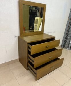 A wooden drawer unit (dressing table) featuring three drawers and metal handles, accompanied by a square mirror with a matching wooden frame—resembling designs found at brands like Pan Emirates or Home Centre. - Image 5