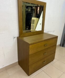 A wooden drawer unit (dressing table) featuring three drawers and metal handles, accompanied by a square mirror with a matching wooden frame—resembling designs found at brands like Pan Emirates or Home Centre. - Image 6