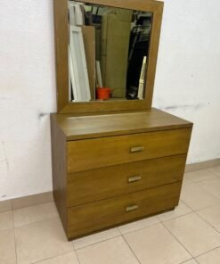 A wooden drawer unit (dressing table) featuring three drawers and metal handles, accompanied by a square mirror with a matching wooden frame—resembling designs found at brands like Pan Emirates or Home Centre. - Image 8