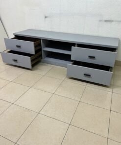 A grey TV stand featuring a modern design and side drawers equipped with stylish black handles. - Image 7