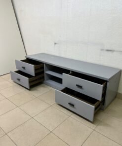 A grey TV stand featuring a modern design and side drawers equipped with stylish black handles. - Image 8