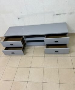 A grey TV stand featuring a modern design and side drawers equipped with stylish black handles. - Image 3