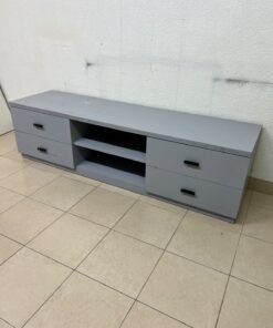 A grey TV stand featuring a modern design and side drawers equipped with stylish black handles.
