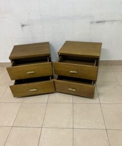 Two wooden side tables in a warm brown hue, featuring an elegant design with two drawers and distinctive metal handles. - Image 6