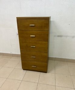 A tall, classic-style wooden chest of drawers, featuring elegant gold metal handles neatly arranged on each drawer.