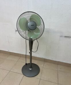 A Sanyo-branded grey pedestal fan featuring light green blades and a circular base. - Image 5