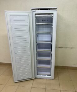 A white built-in upright freezer featuring multiple transparent storage drawers.