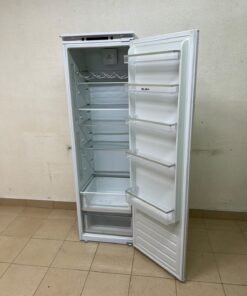 An Elba built-in single-door refrigerator featuring a white design, adjustable glass shelves, and a metal bottle rack. - Image 2
