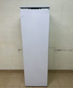 An Elba built-in single-door refrigerator featuring a white design, adjustable glass shelves, and a metal bottle rack. - Image 3