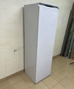 An Elba built-in single-door refrigerator featuring a white design, adjustable glass shelves, and a metal bottle rack. - Image 4