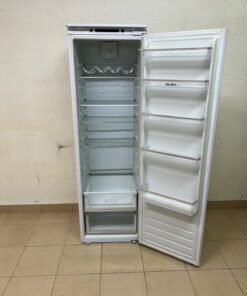 An Elba built-in single-door refrigerator featuring a white design, adjustable glass shelves, and a metal bottle rack.