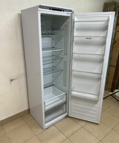An Elba built-in single-door refrigerator featuring a white design, adjustable glass shelves, and a metal bottle rack. - Image 6