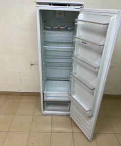 An Elba built-in single-door refrigerator featuring a white design, adjustable glass shelves, and a metal bottle rack. - Image 7
