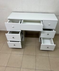 A white vanity desk featuring a modern, practical design, complete with seven storage drawers and elegant round handles. - Image 3