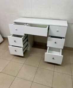 A white vanity desk featuring a modern, practical design, complete with seven storage drawers and elegant round handles. - Image 8