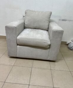 The single chair, upholstered in light gray fabric, resembles modern seating designs characterized by wide, comfortable armrests. - Image 7