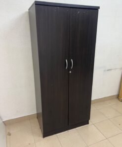 This is a dark brown wooden wardrobe with two doors, featuring elegant silver handles. - Image 2