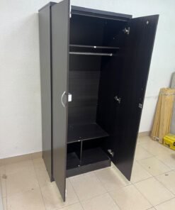 This is a dark brown wooden wardrobe with two doors, featuring elegant silver handles. - Image 10