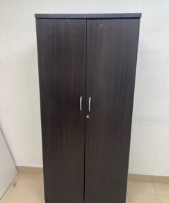 This is a dark brown wooden wardrobe with two doors, featuring elegant silver handles.