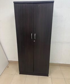 This is a dark brown wooden wardrobe with two doors, featuring elegant silver handles. - Image 6