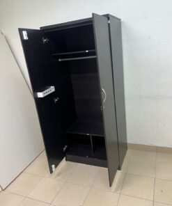 This is a dark brown wooden wardrobe with two doors, featuring elegant silver handles. - Image 5