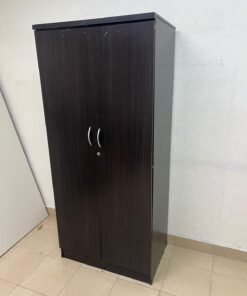 This is a dark brown wooden wardrobe with two doors, featuring elegant silver handles. - Image 4