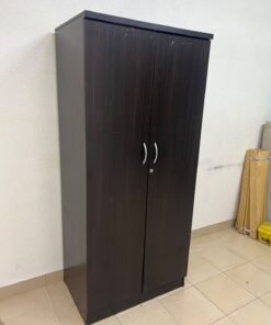 This is a dark brown wooden wardrobe with two doors, featuring elegant silver handles. - Image 3