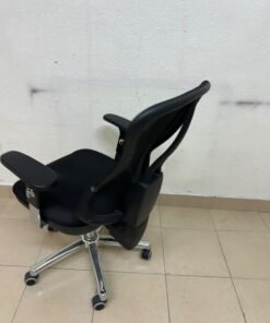 The Topstar Head Point is a comfortable office chair featuring a breathable black mesh back with built-in lumbar support and a shiny silver metal base. - Image 5