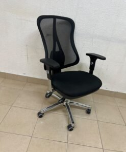 The Topstar Head Point is a comfortable office chair featuring a breathable black mesh back with built-in lumbar support and a shiny silver metal base. - Image 6