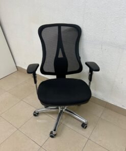 The Topstar Head Point is a comfortable office chair featuring a breathable black mesh back with built-in lumbar support and a shiny silver metal base. - Image 2