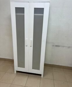 This product is a white wardrobe featuring two doors with striped glass panels (similar to the IKEA "Aneboda" style or comparable two-door wardrobes). - Image 2