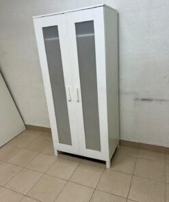 This product is a white wardrobe featuring two doors with striped glass panels (similar to the IKEA "Aneboda" style or comparable two-door wardrobes). - Image 3