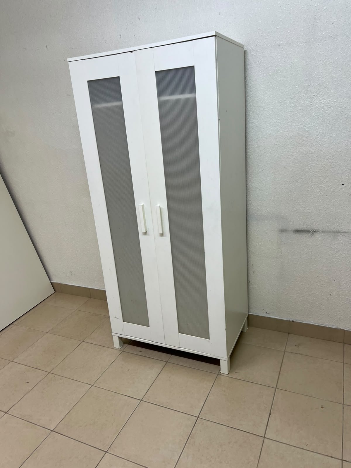 This product is a white wardrobe featuring two doors with striped glass panels (similar to the IKEA "Aneboda" style or comparable two-door wardrobes). - Image 3